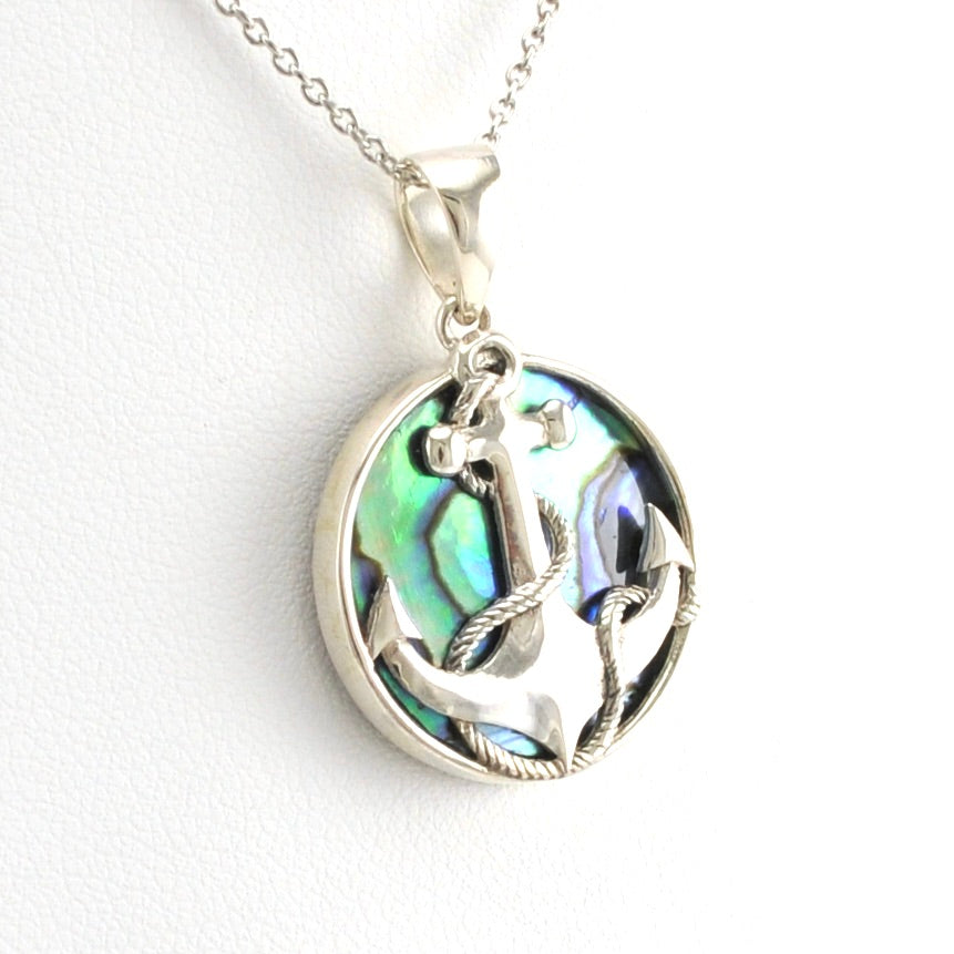 Side View Sterling Silver Abalone Anchor Necklace