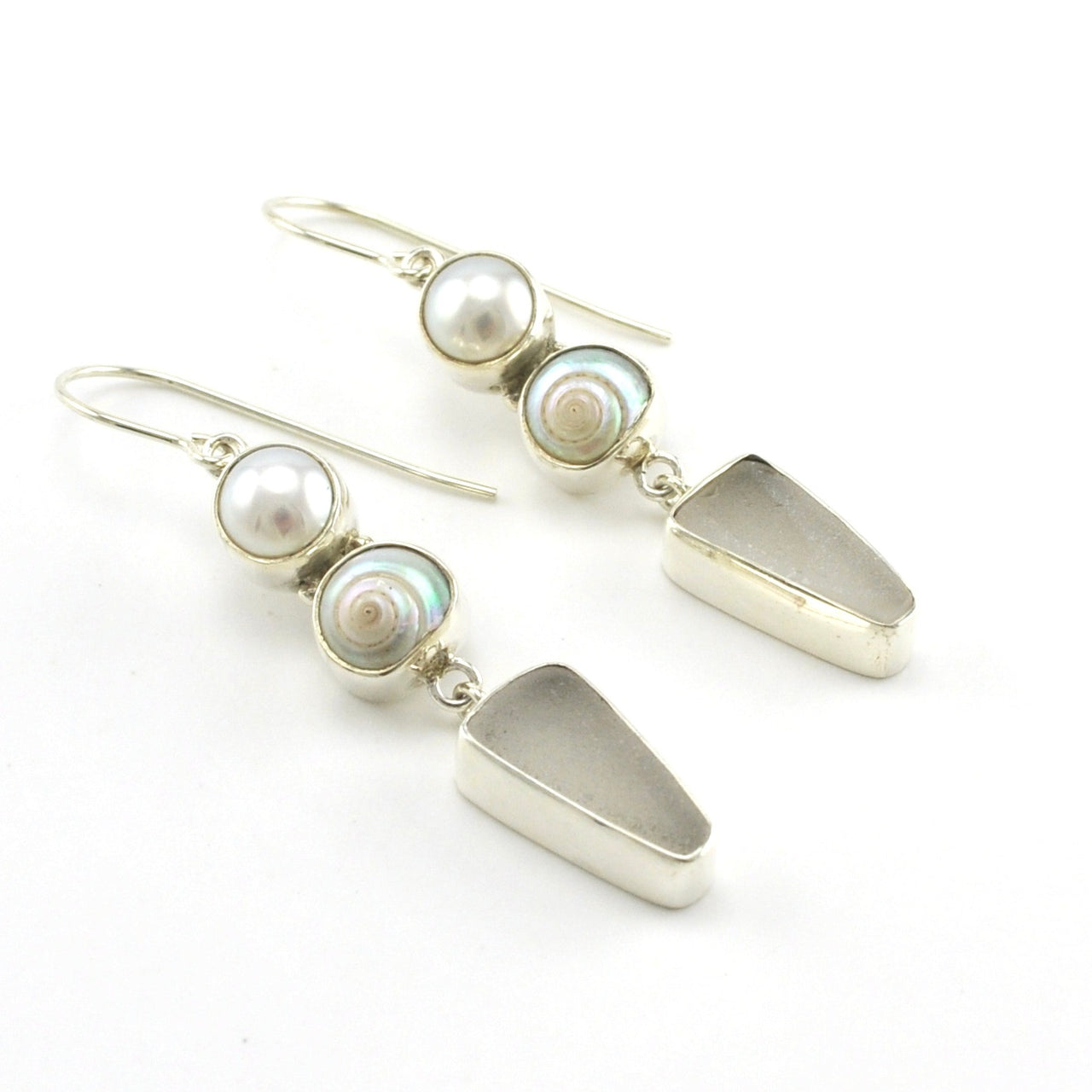 Sterling Silver Pearl Malabar Shell Sea Glass Earrings