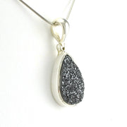 Side View Sterling Silver Charcoal Druzy Agate Tear Pendant