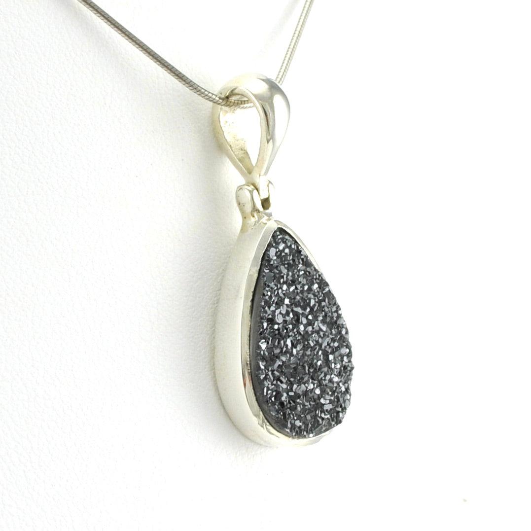 Side View Sterling Silver Charcoal Druzy Agate Tear Pendant