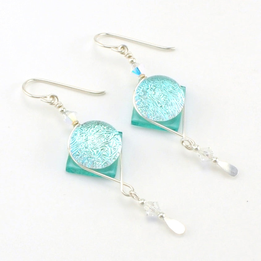 Teal Fused Glass Round Square Dangle Earrings