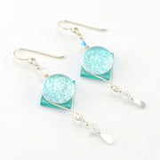 Teal Fused Glass Round Square Dangle Earrings