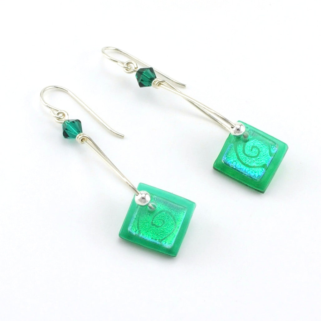 Deep Green Fused Glass Square Drop Earrings