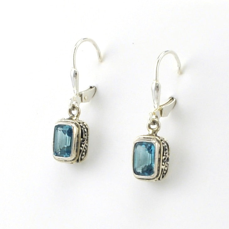 Sterling Silver Blue Topaz 5x7mm Rect Bali Dangle Earrings