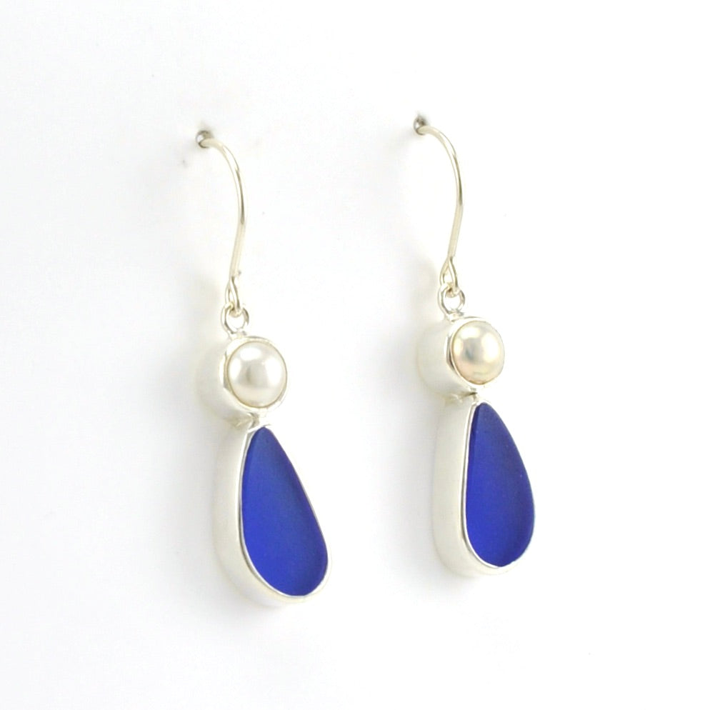 Side View Sterling Silver Pearl Blue Sea Glass Tear Earrings