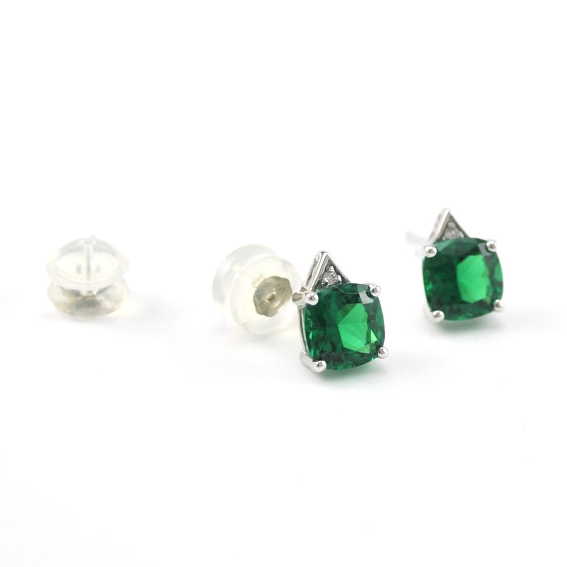 Ear Backs Silver Created Emerald 2ct Square CZ Earrings