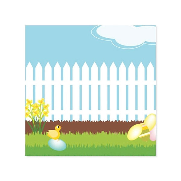 Illustration of a yellow duck on a rock in front of a white picket fence with flowers and a blue sky.