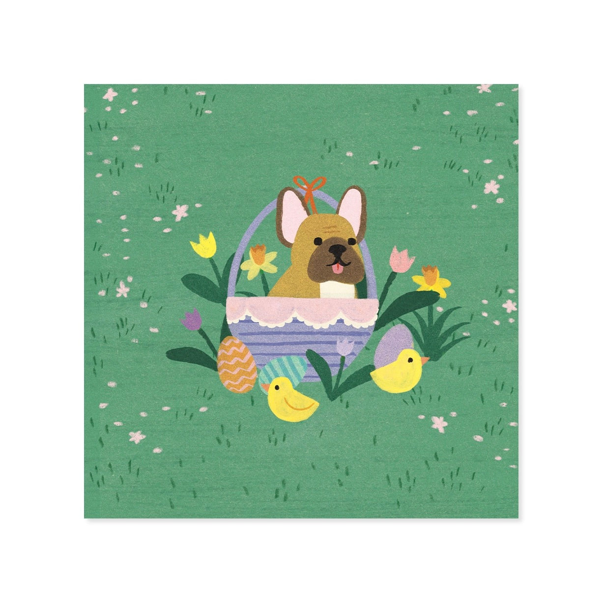 Illustration of a dog in an Easter basket with flowers and chicks on a green background