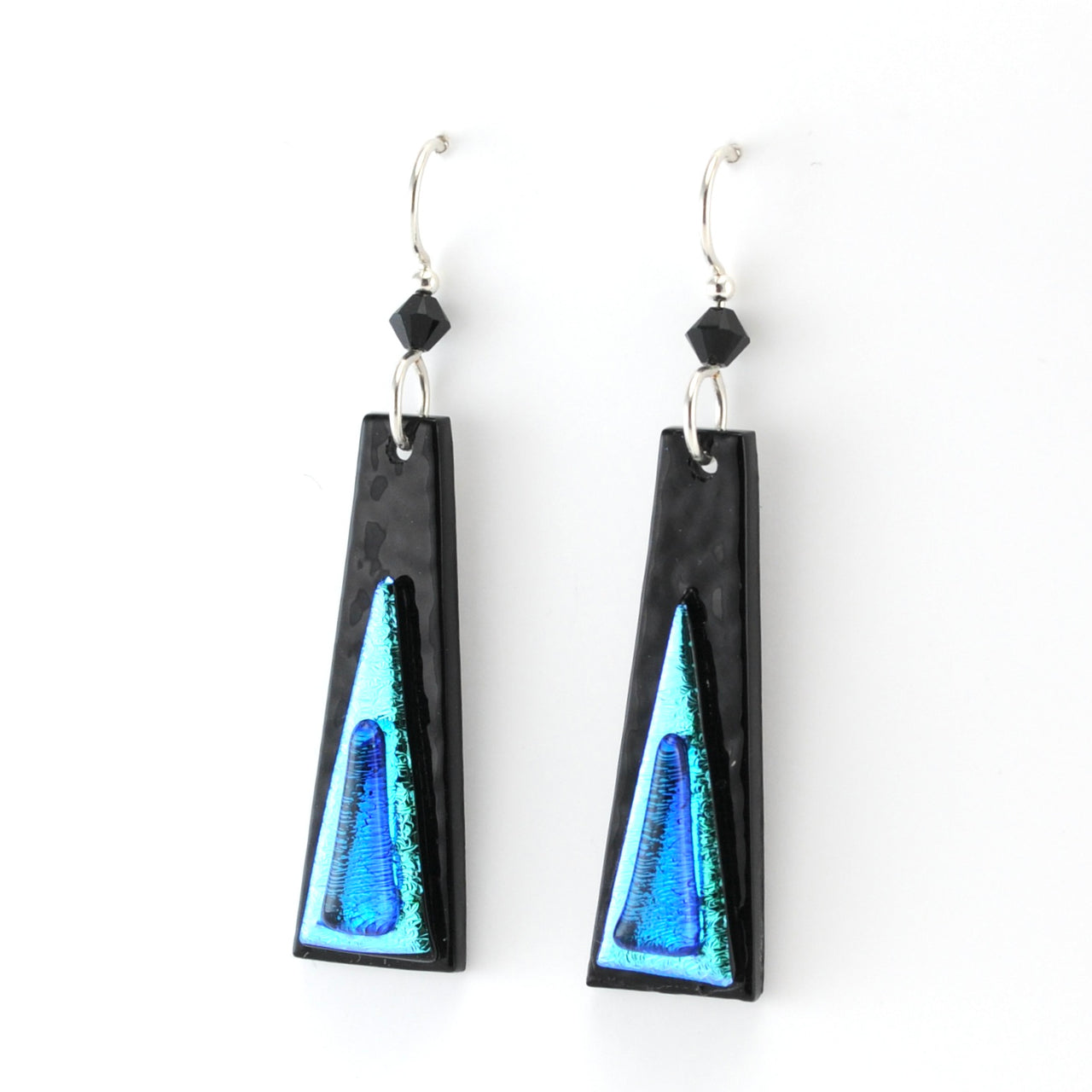 Black and blue triangular earrings on a white background