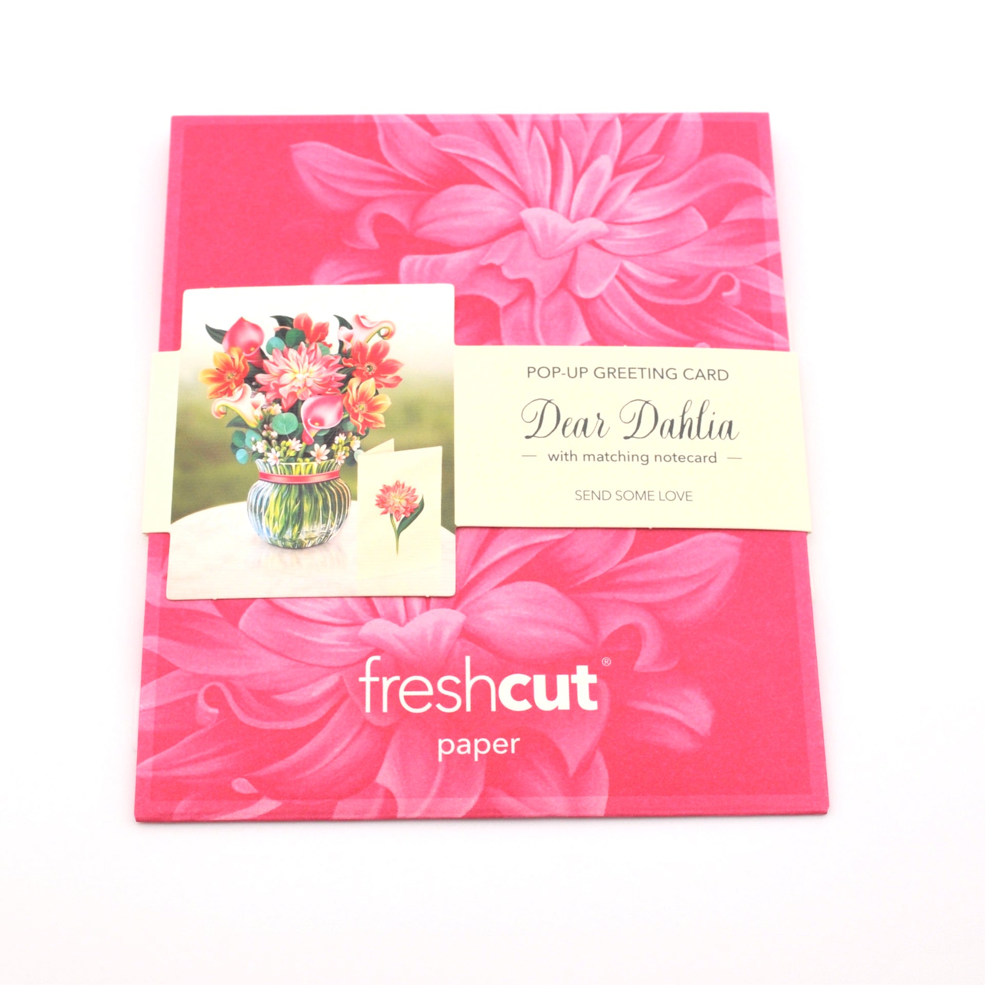 Pink floral gift set with a pop-up greeting card and matching notepad by freshcut paper on a white background.