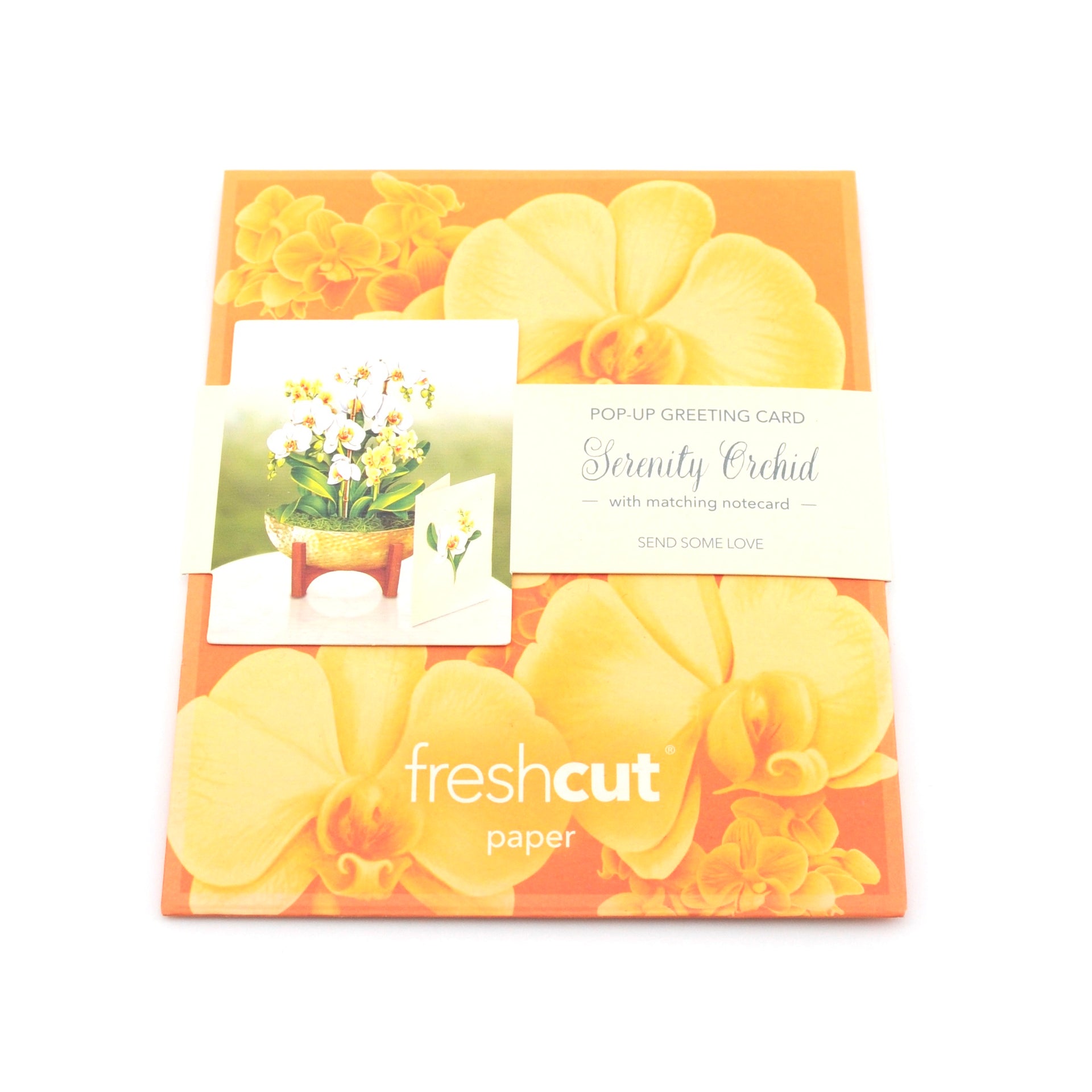 Pop-up greeting card with orchid design and 'fresh cut' branding on a white background