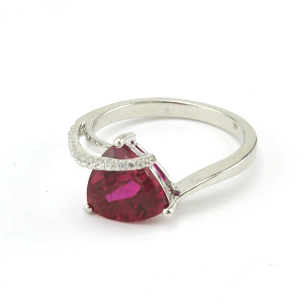 Side View Sterling Silver Created Ruby 4ct Trillion CZ Ring
