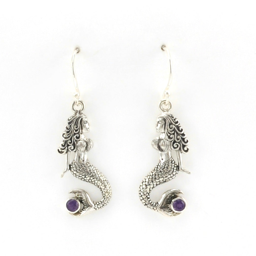 Alt View Sterling Silver Mermaid with Amethyst Dangle Earrings