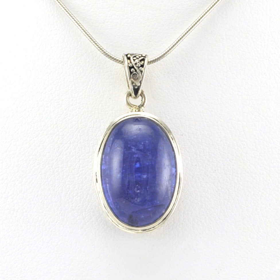 Alt View Sterling Silver Tanzanite 12x22mm Cabochon Oval Bali Pendant