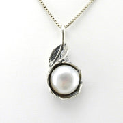 Front View Sterling Silver White Pearl in Wrapped Feather Setting Necklace
