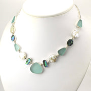 Side View Sterling Silver Aqua Sea Glass Abalone and Kesihi Pearl Necklace