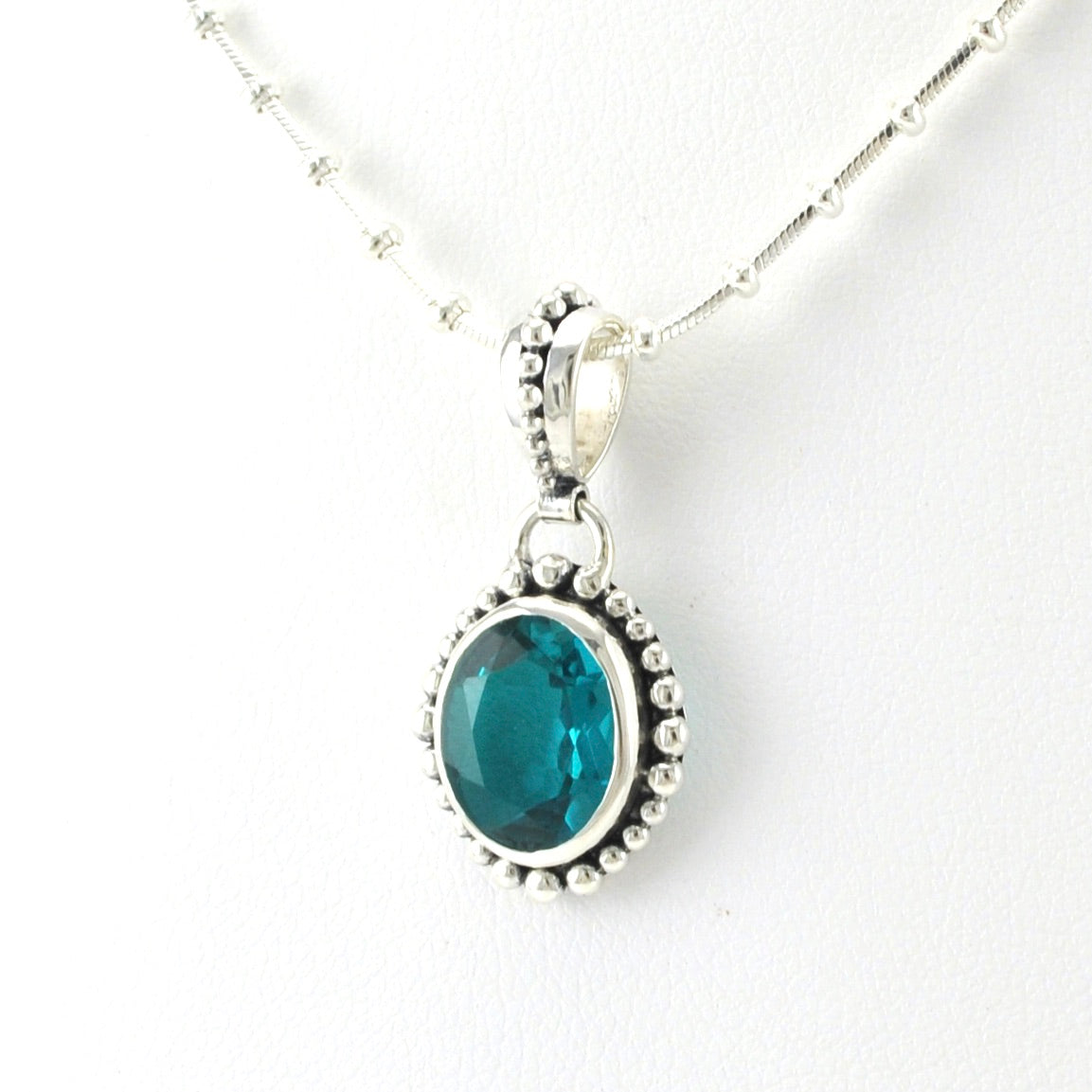 Side View Sterling Silver Paraiba Quartz Oval Beaded Necklace