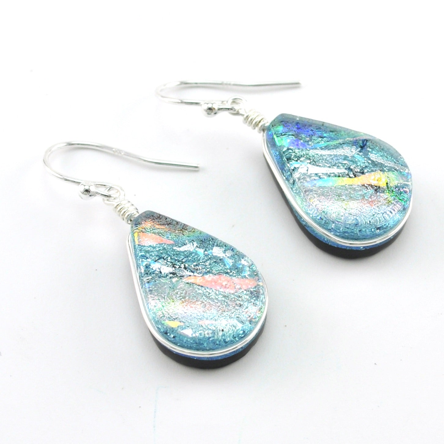 Dichroic Glass Silver Lotus Dangle Earrings