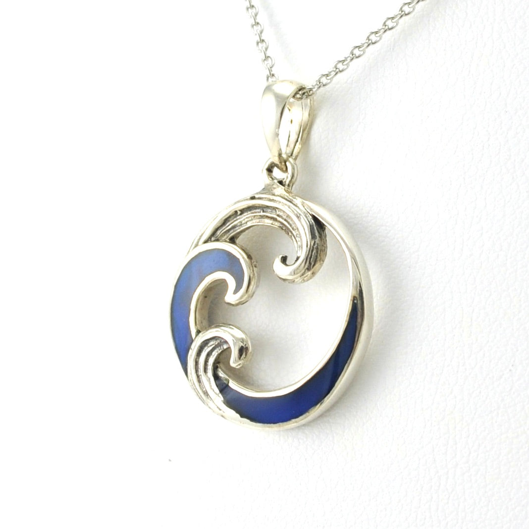 Side View Sterling Silver Blue Abalone Wave Necklace
