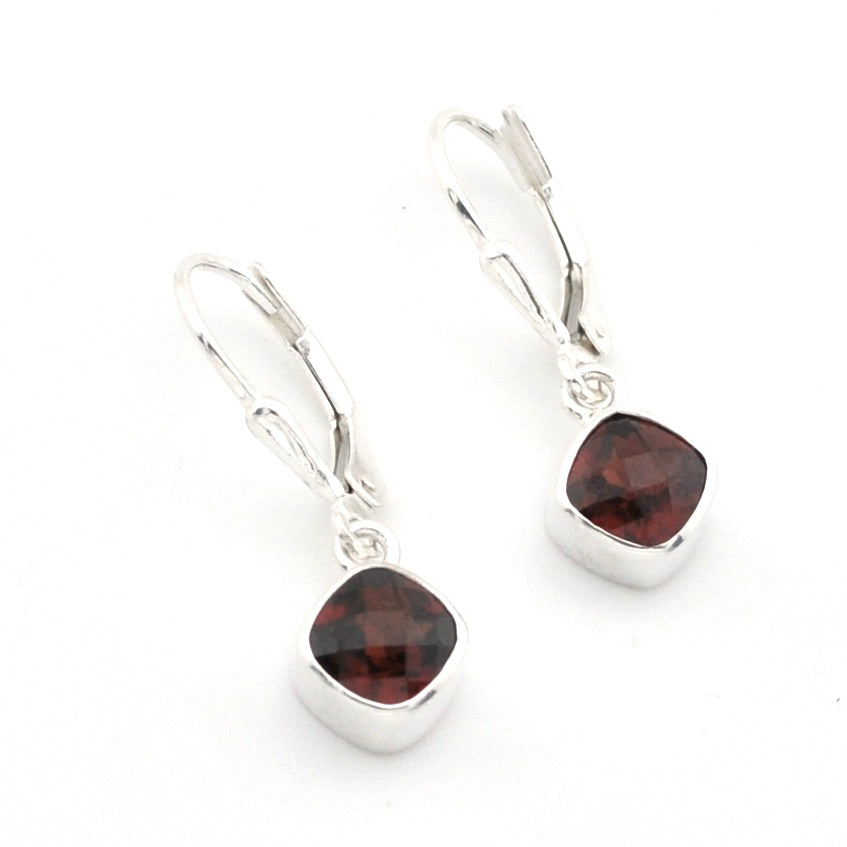 Sterling Silver Garnet 6mm Square Dangle Earrings