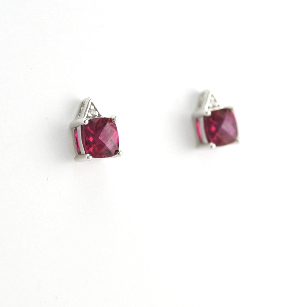 Side View Silver Created Ruby 1.5ct Square with Cubic Zirconia Earrings