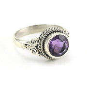 Side View Sterling Silver Amethyst 8mm Round Bali Ring