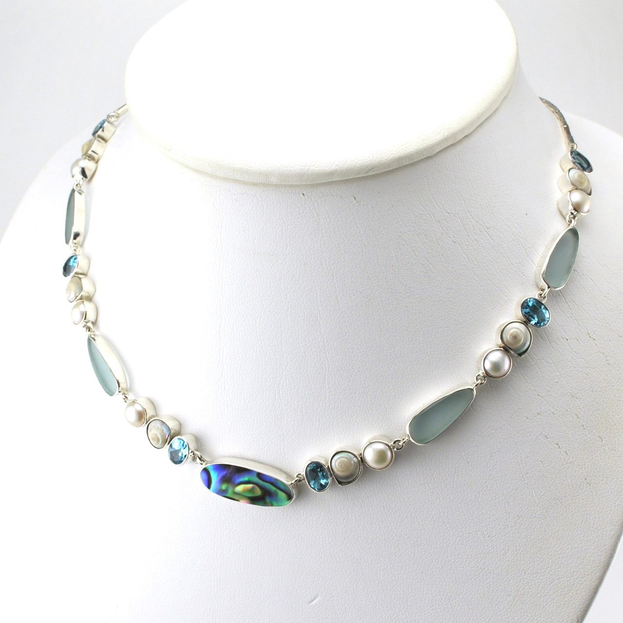 Side View Sterling Silver Abalone Topaz Pearl Malabar Shell Necklace