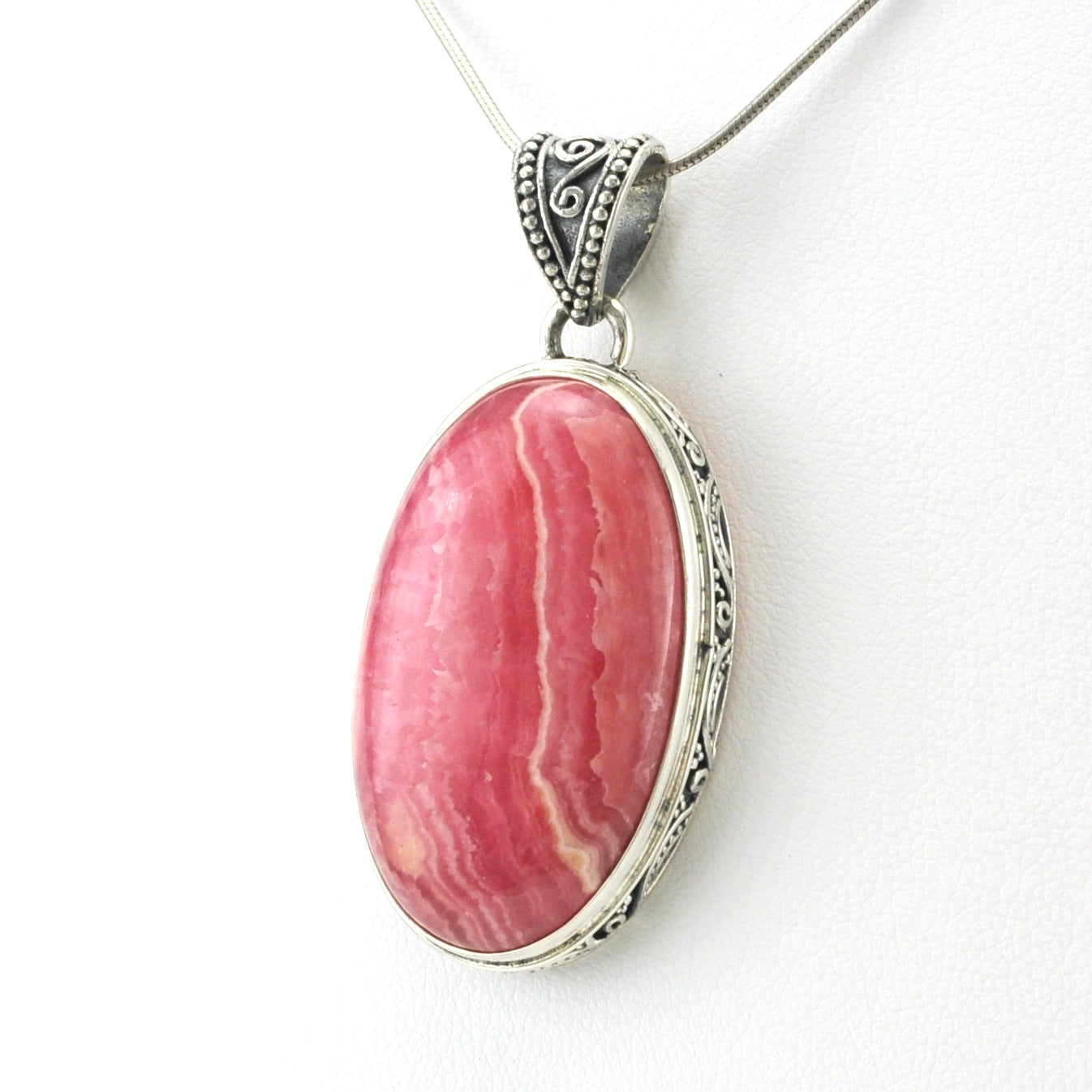 Sterling Silver Rhodochrosite 18x32mm Oval Bali Pendant