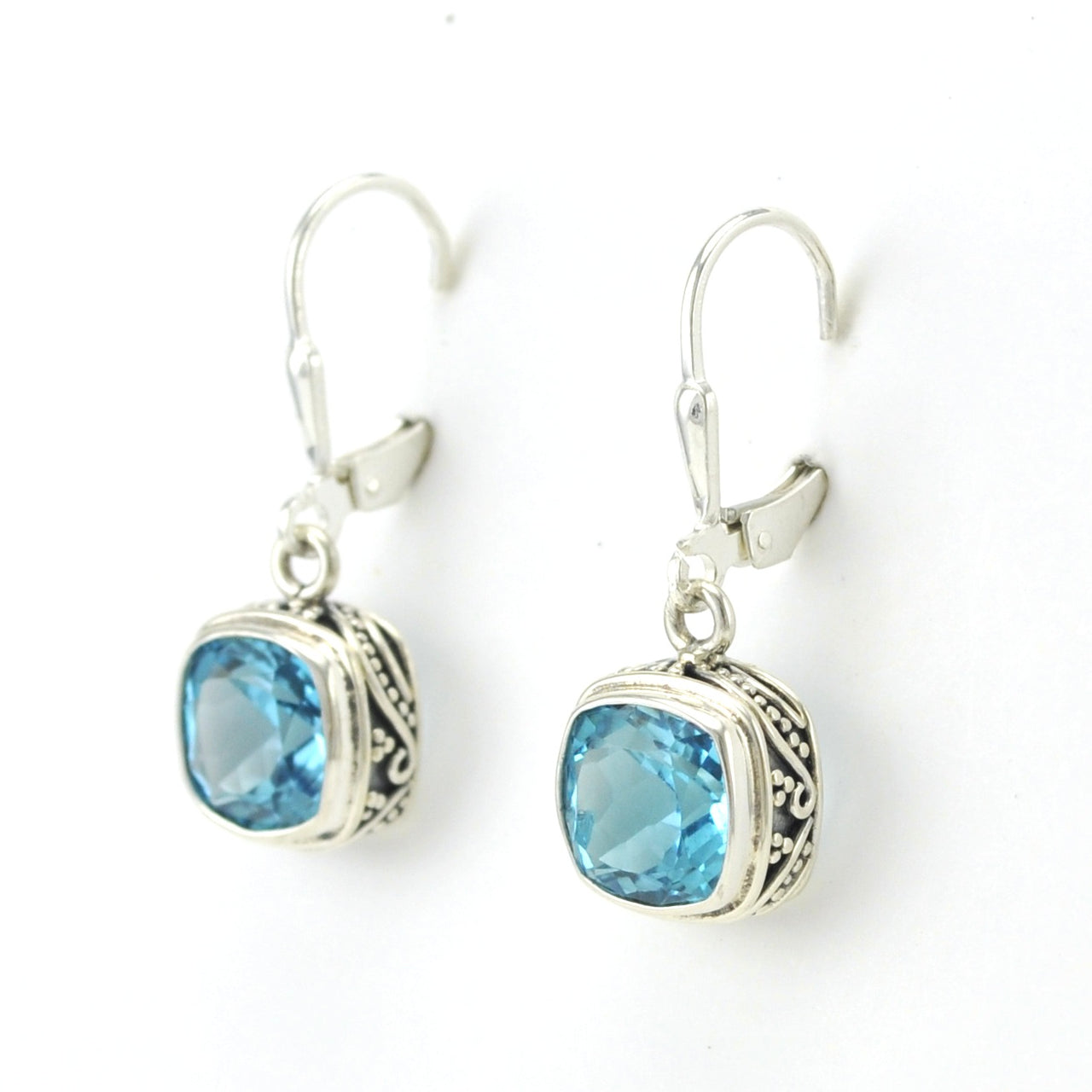Alt View Sterling Silver Blue Topaz 8mm Square Bali Dangle Earrings
