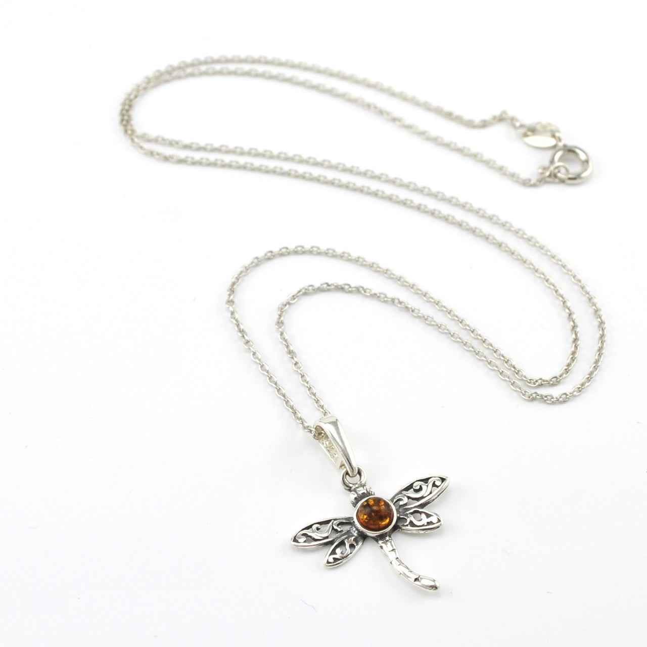 Sterling Silver Amber Dragonfly Necklace