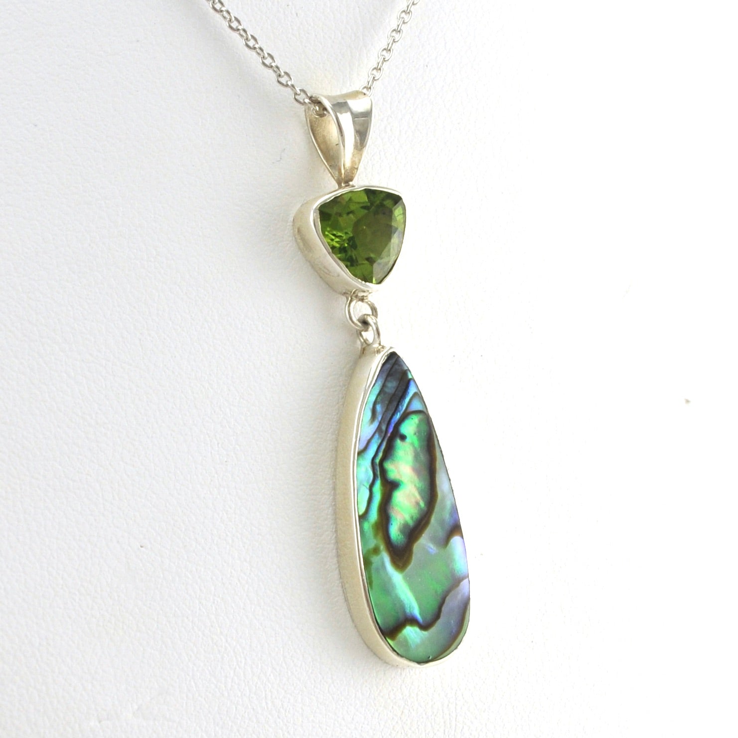 Side View Sterling Silver Peridot Abalone Necklace