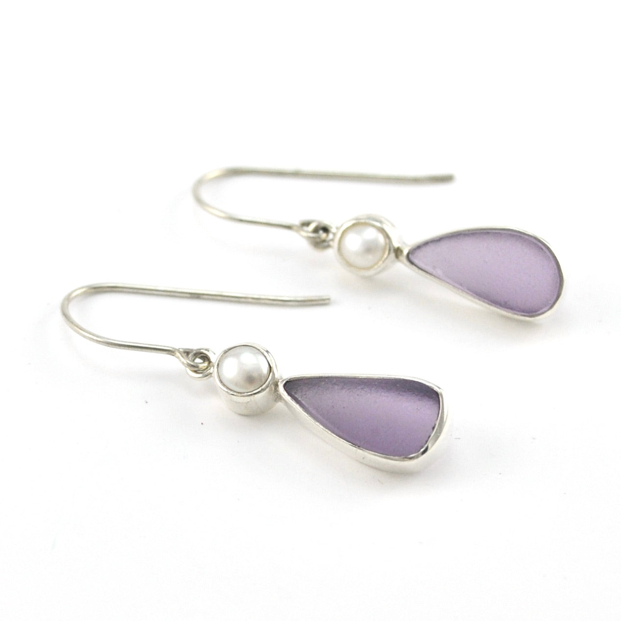 Silver Pearl Lavender Sea Glass Tear Earrings