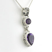 Side View Sterling Silver Amethyst Round Pear Bali Necklace