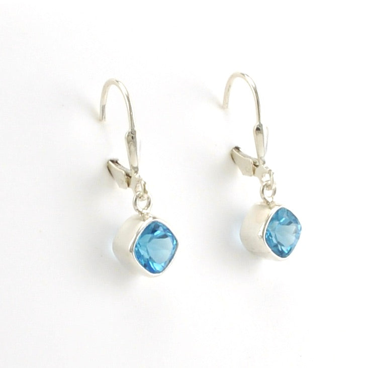 Side View Sterling Silver Blue Topaz 6mm Offset Square Dangle Earrings