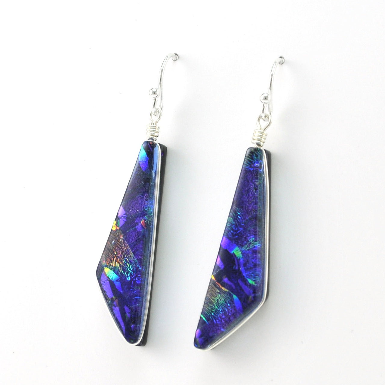 Side View Dichroic Glass Rainbow Purple Comet Dangle Earrings