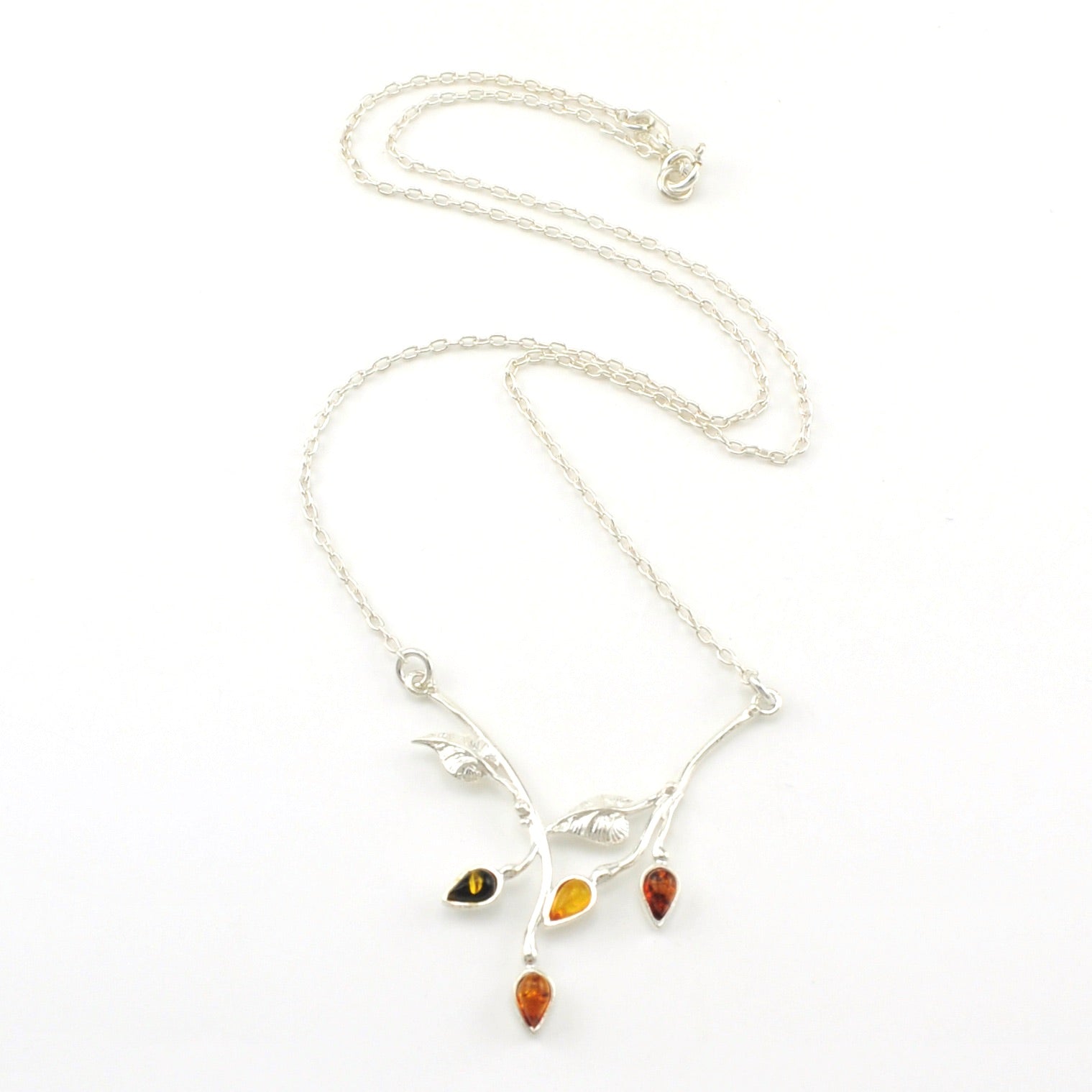 Sterling Silver Multicolored Amber Leaf Necklace