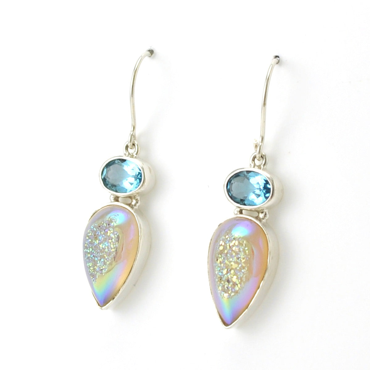 Side View Sterling Silver Blue Topaz Druzy Agate Earrings