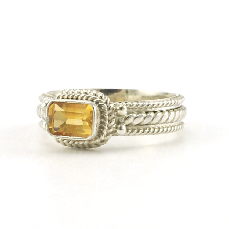 Side View Sterling Silver Citrine 4x6mm Rectangular Rope Band