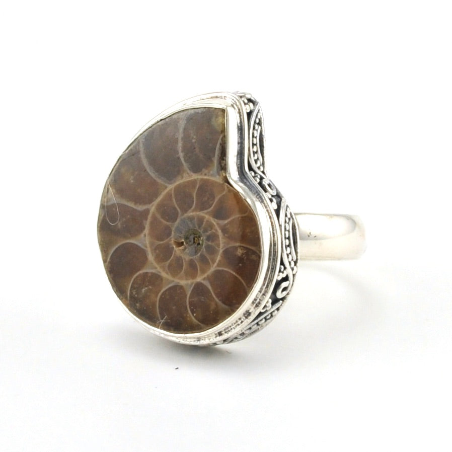 Sterling Silver Ammonite Bali Ring 