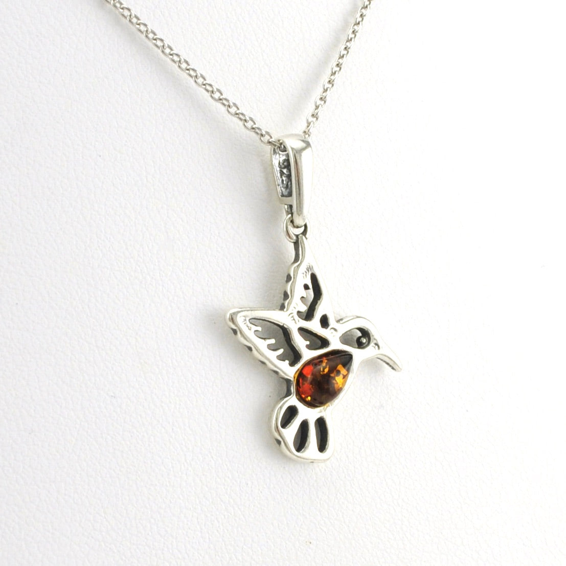 Side View Sterling Silver Amber Small Hummingbird Necklace