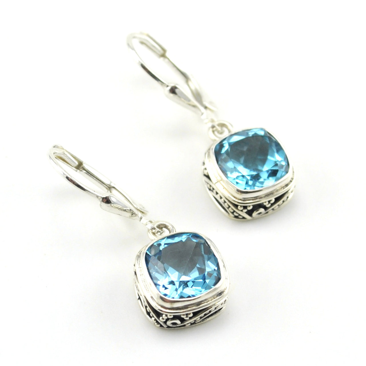 Sterling Silver Blue Topaz 8mm Square Bali Dangle Earrings