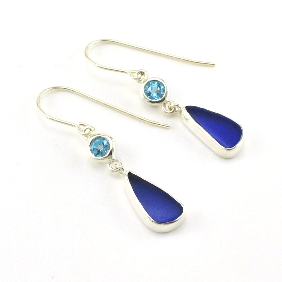 Sterling Silver Blue Topaz Cobalt Sea Glass Earrings