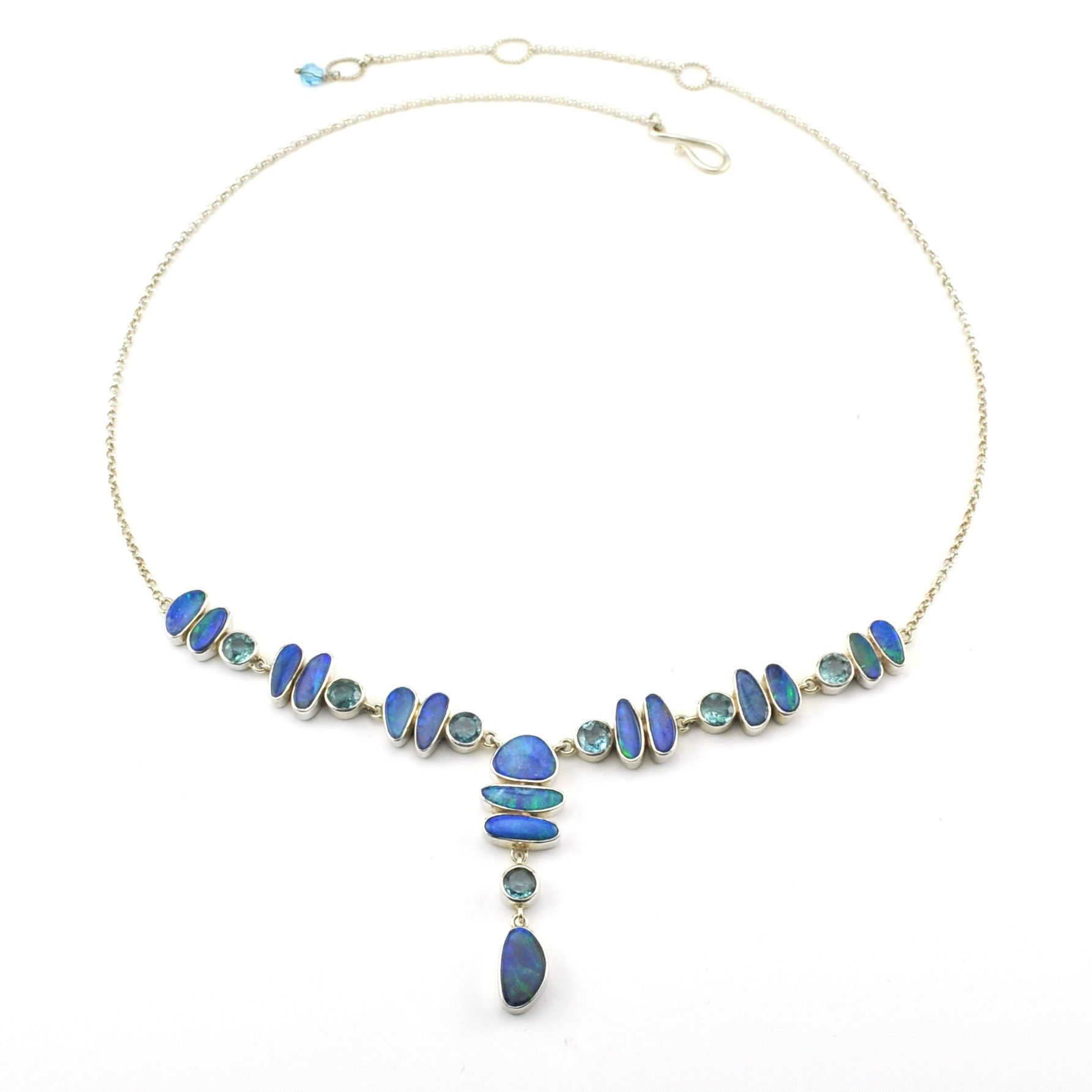 Full View Sterling Silver Australian Opal and Blue Topaz Necklace