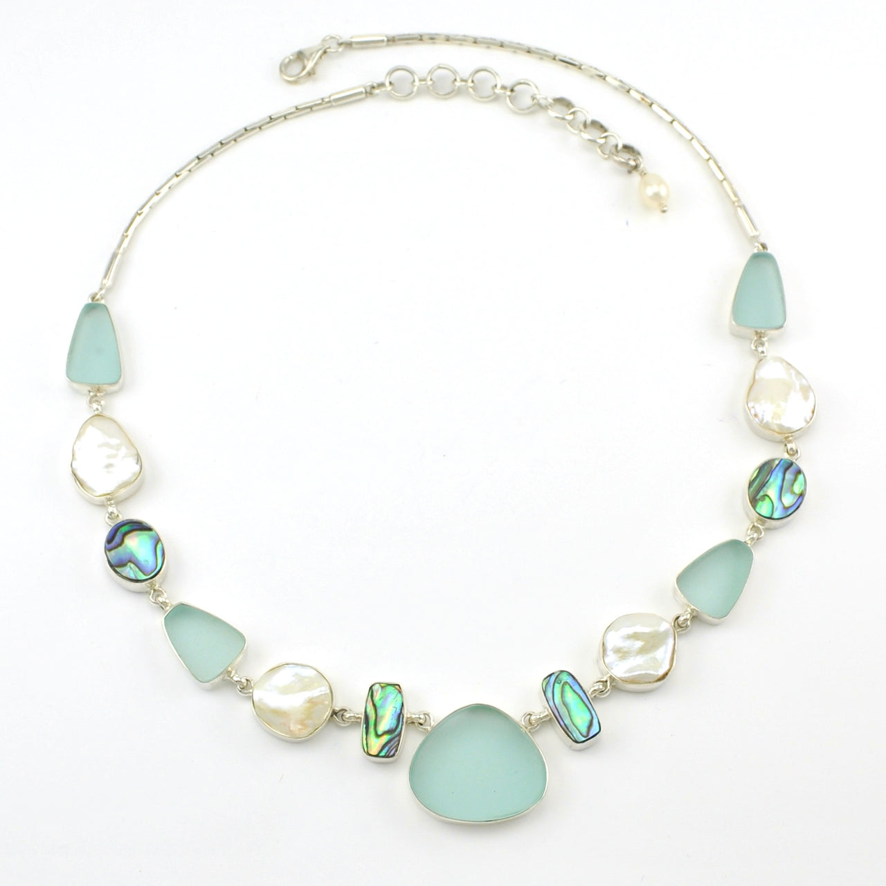 Full View Sterling Silver Aqua Sea Glass Abalone and Kesihi Pearl Necklace