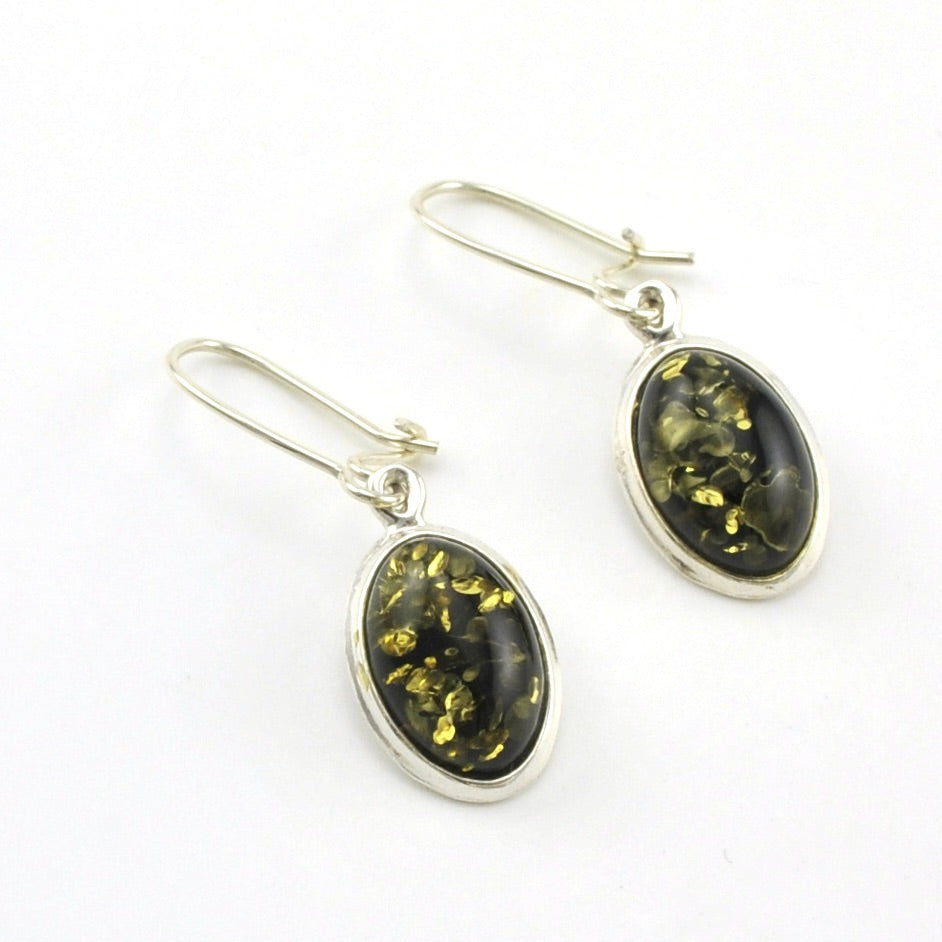 Sterling Silver Green Amber Oval Dangle Earrings