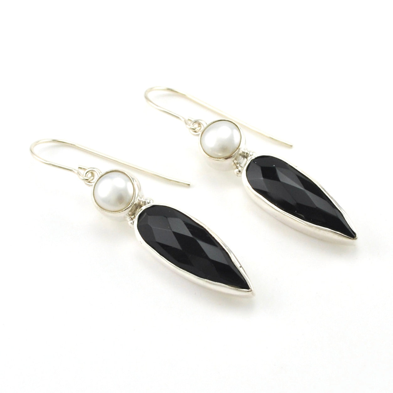 Sterling Silver Pearl Black Onyx Dangle Earrings