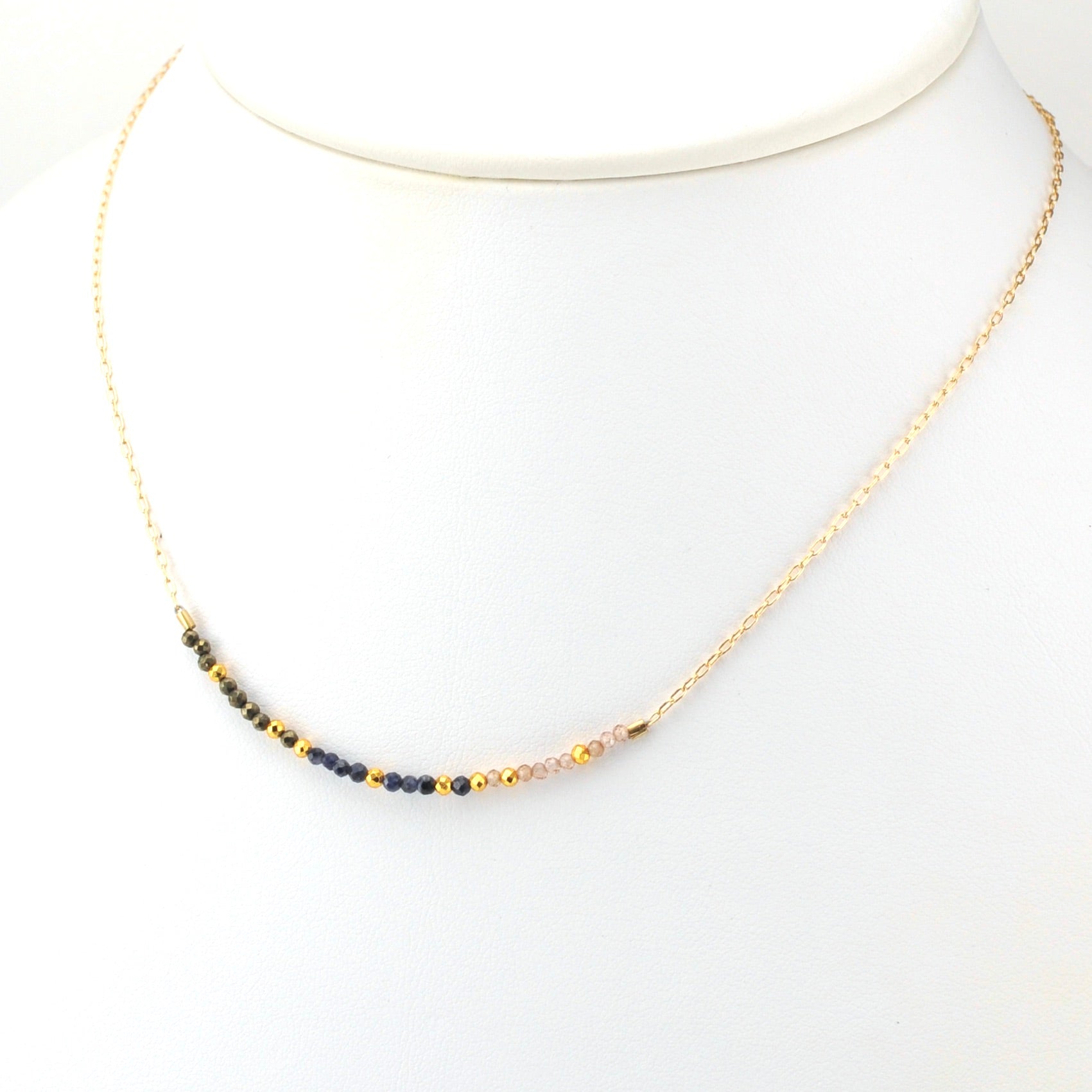 Side View 14k Gold Fill Micro-faceted Sapphire, Zircon and Pyrite Bar Necklace