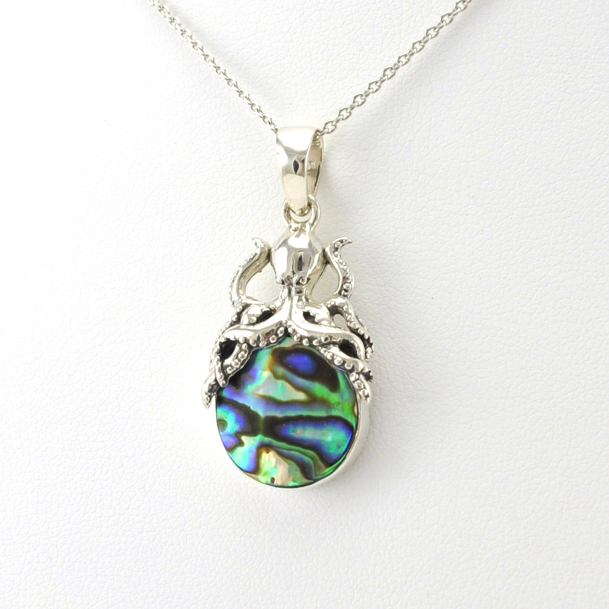 Side View Sterling Silver Abalone with Octopus Necklace