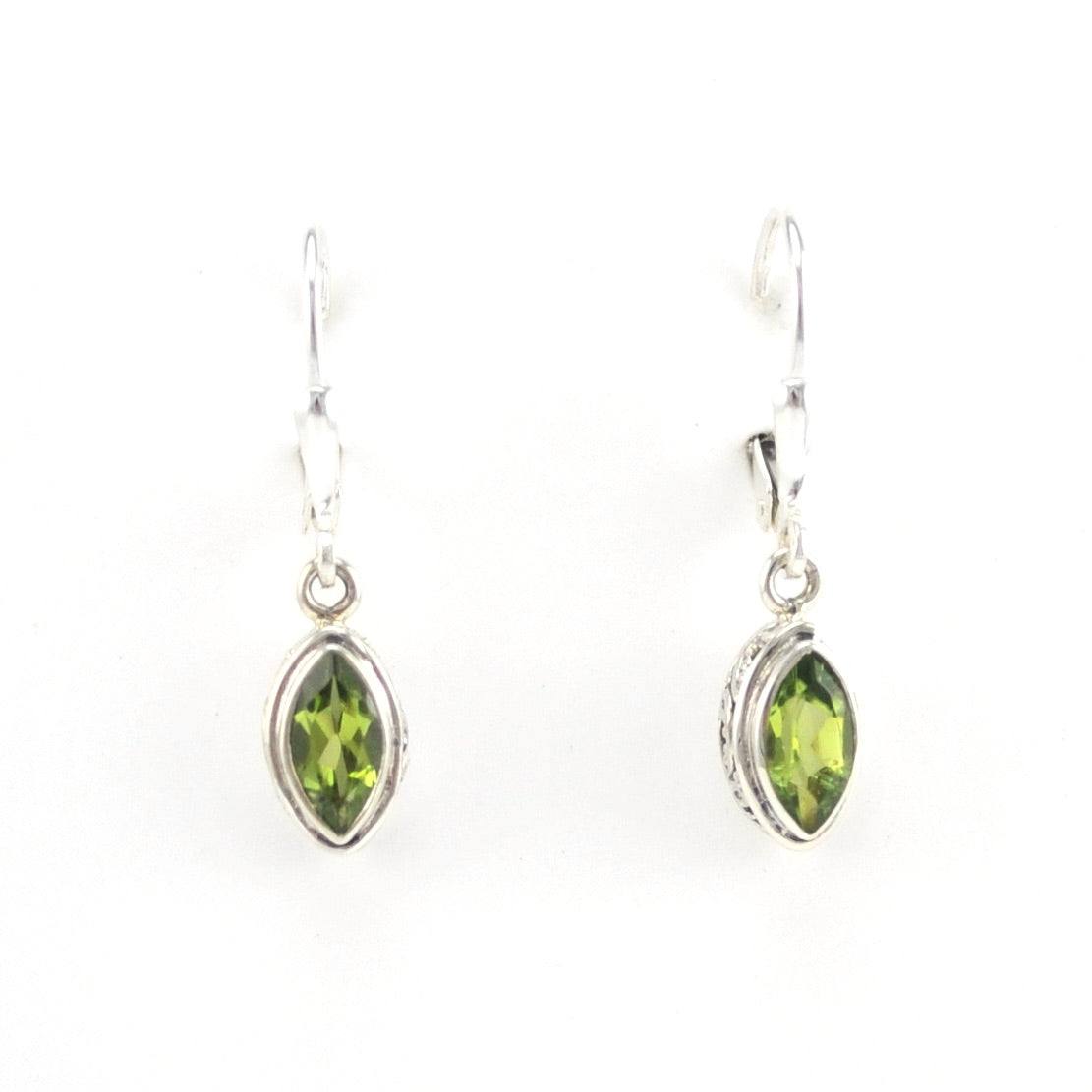 Front View Silver Peridot 4x8mm Marquise Bali Dangle Earrings