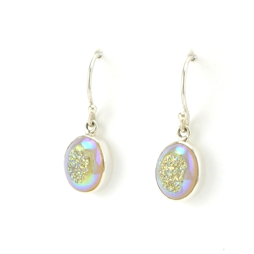 Sterling Silver Opal Druzy Agate Oval Dangle Earrings